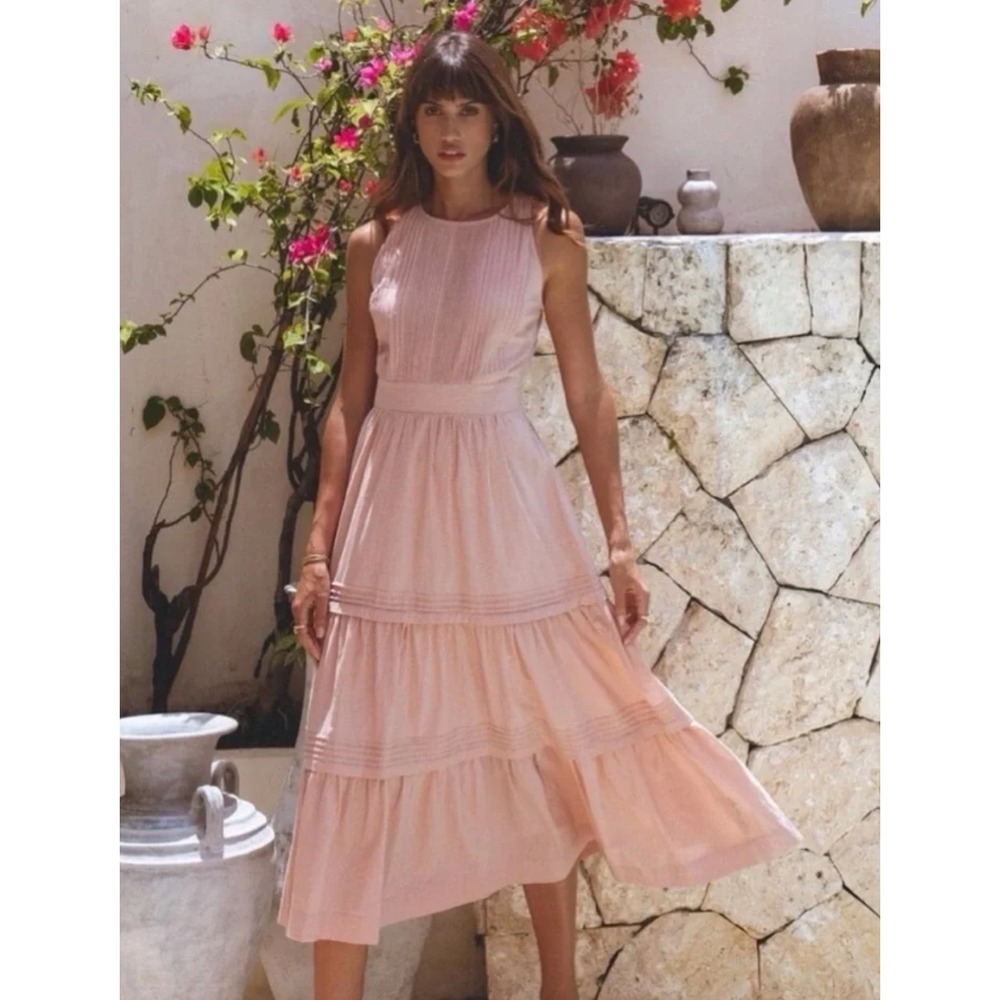 Pampelone Perle Tiered Sleeveless Midi Dress Pink Viscose Pintuck Pleats Size S
